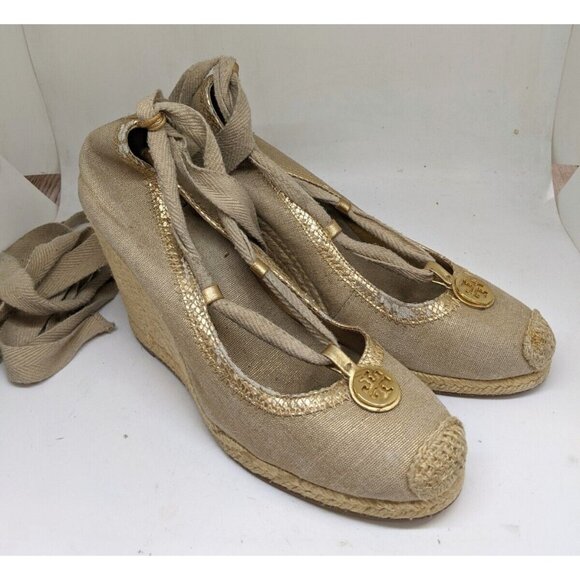 Tory Burch Brown Canvas Tie Wrap Espadrille Wedge Heels Size 9 FLAWED - Picture 1 of 16
